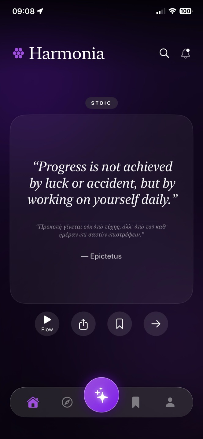 The Harmonia Wisdom daily screen: a quote attributed to Epictetus, “Progress is not achieved by luck or accident, but by working on yourself daily.”, with Greek text beneath it.