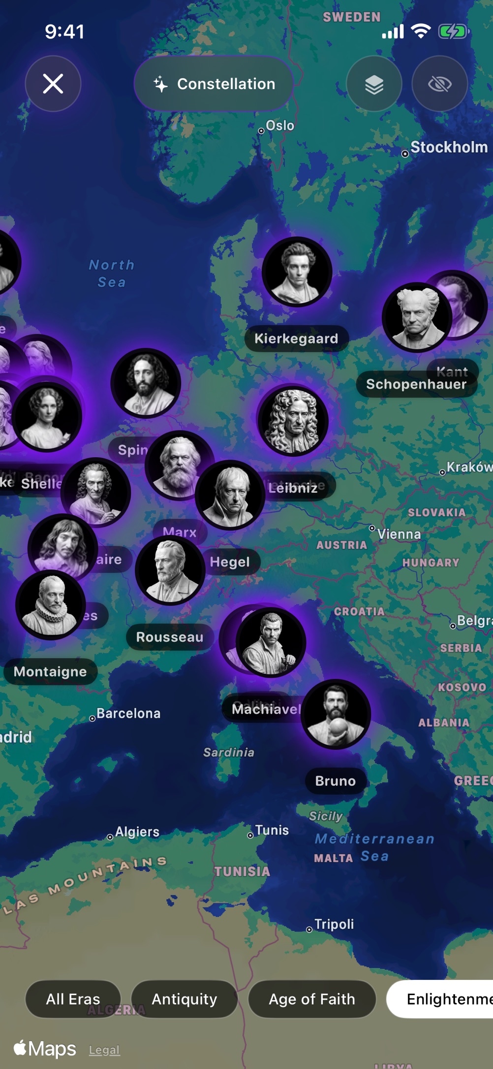 Atlas screen: portraits of Kierkegaard, Schopenhauer, Leibniz, Hegel, Rousseau, Montaigne, Machiavelli and others pinned across a map of Europe, with era filters along the bottom.