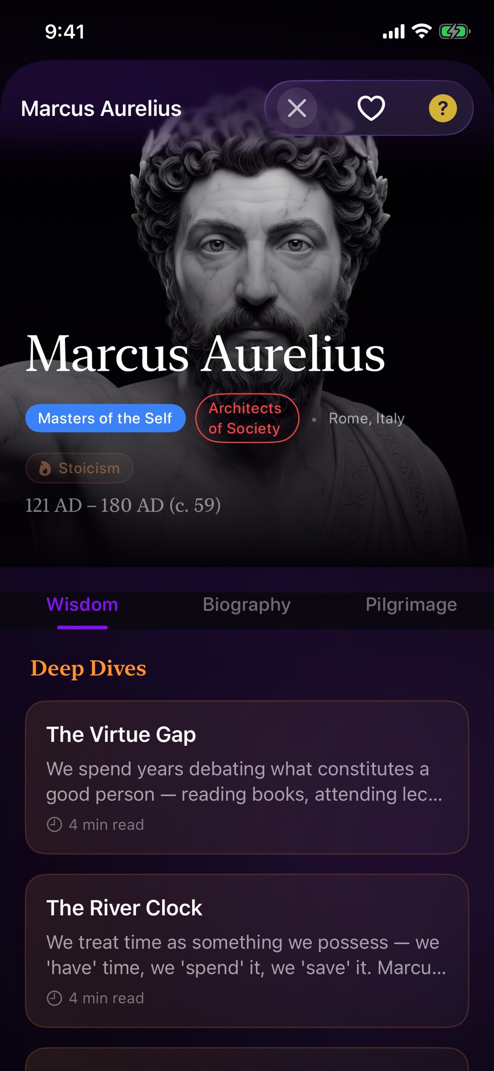 Thinker profile of Marcus Aurelius: a marble portrait, a Stoicism tag, his lifespan from 121 AD to 180 AD at an age of about 59, and Wisdom, Biography and Pilgrimage tabs above his Deep Dives.