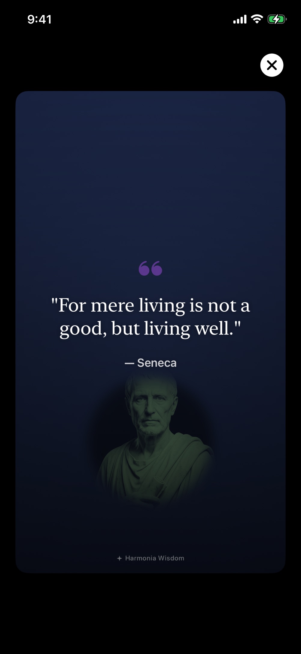 Wallpaper preview: a violet quotation mark above the line “For mere living is not a good, but living well.” in white serif type and the attribution “— Seneca”; below, a greyish-green marble bust of Seneca fades into a midnight-blue background, with a small Harmonia Wisdom mark at the bottom.